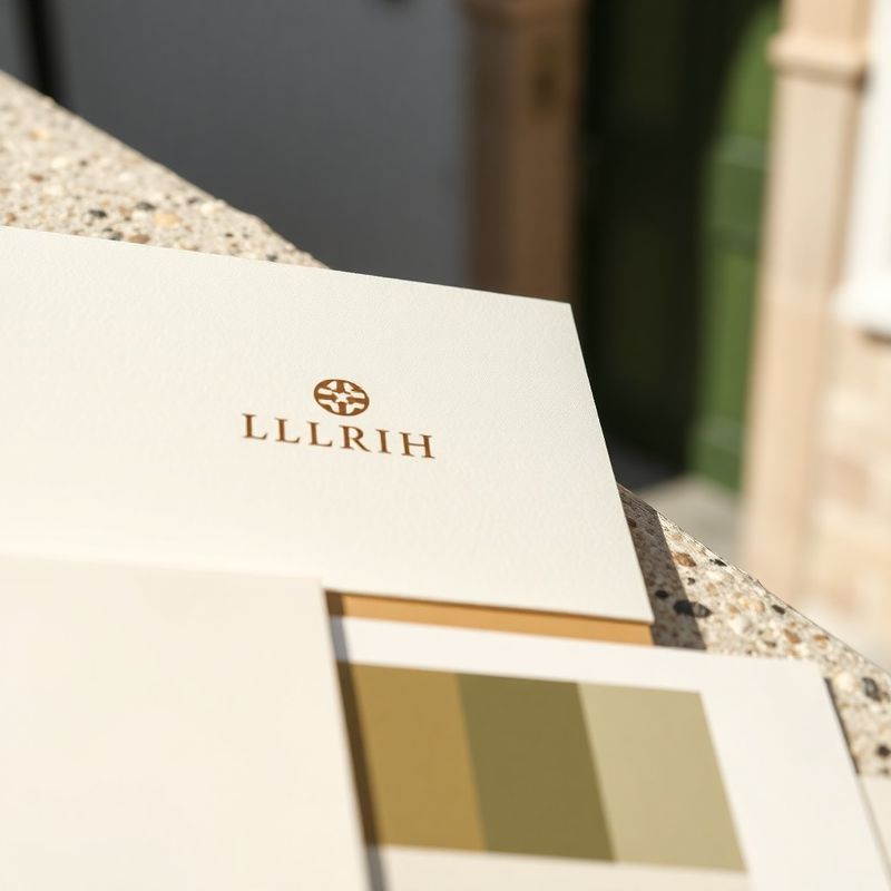Printed brand identity deliverables with sand and olive colour palette chips