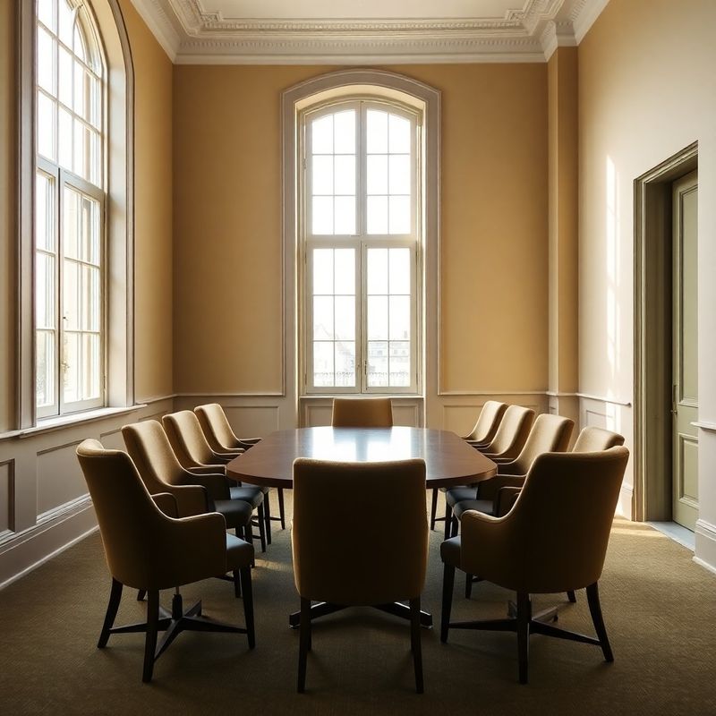 Bright modern meeting room in a Georgian building with sand walls and olive upholstered chairs