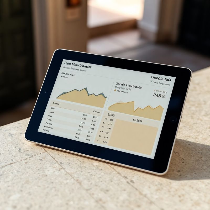 Tablet showing a paid media performance report with Google Ads and Meta metrics
