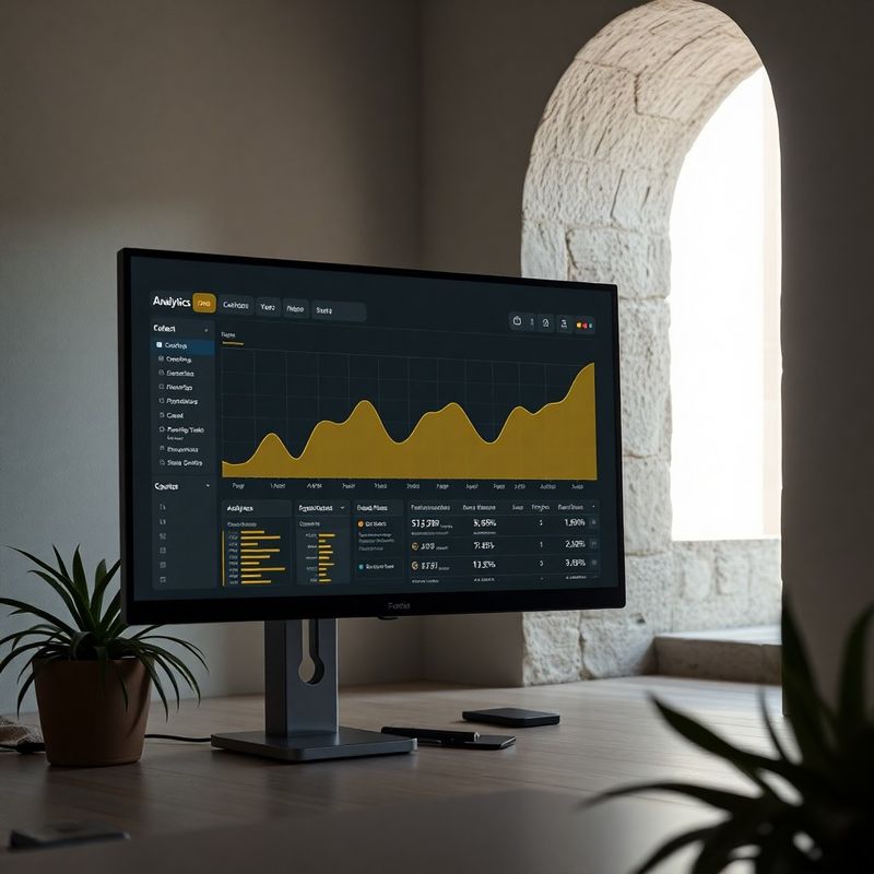 Large monitor displaying an analytics dashboard with rising organic traffic trend lines
