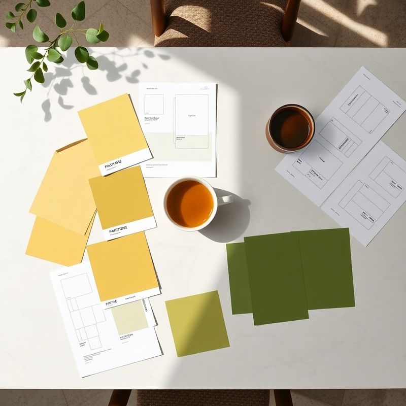 Overhead flat-lay of a brand strategy workshop table with Pantone swatches and wireframes