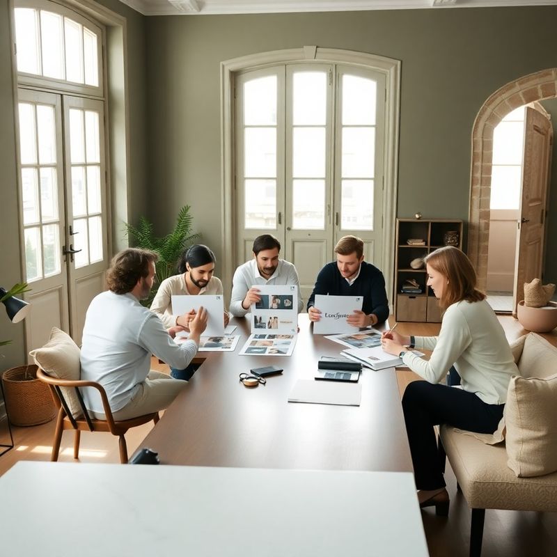 Small creative team reviewing brand layouts on a wide desk in a bright studio