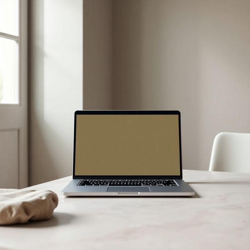 Laptop mockup displaying a clean website UI in sand and olive tones