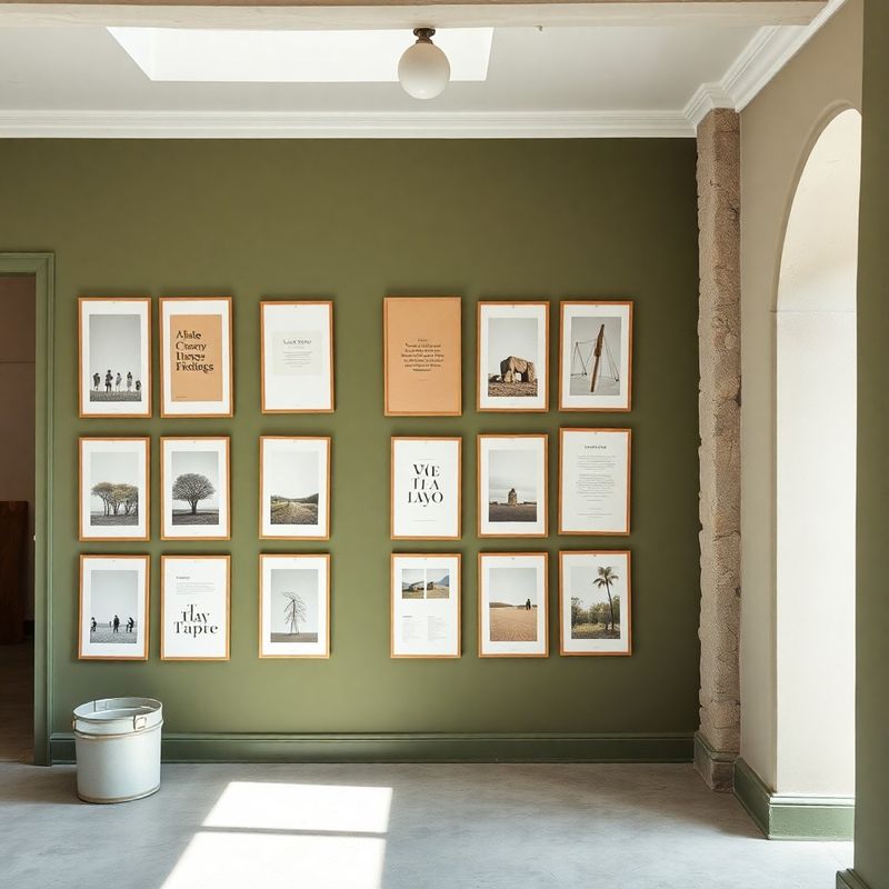 Portfolio wall in a design studio with printed case study boards in sand and olive frames